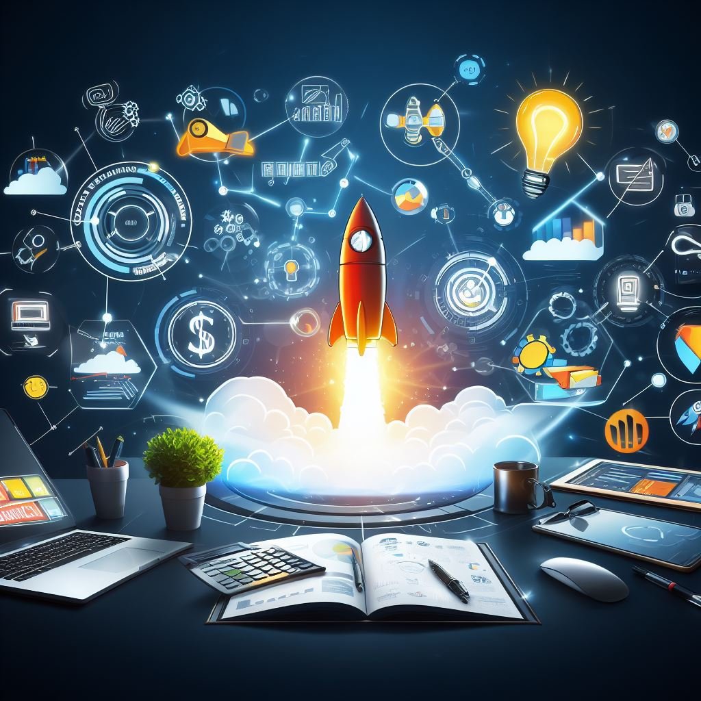 Rocketship blasting off with digital marketing