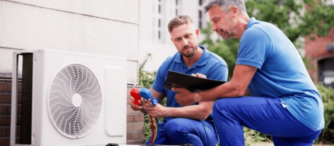 Two men working on a residential central AC unit