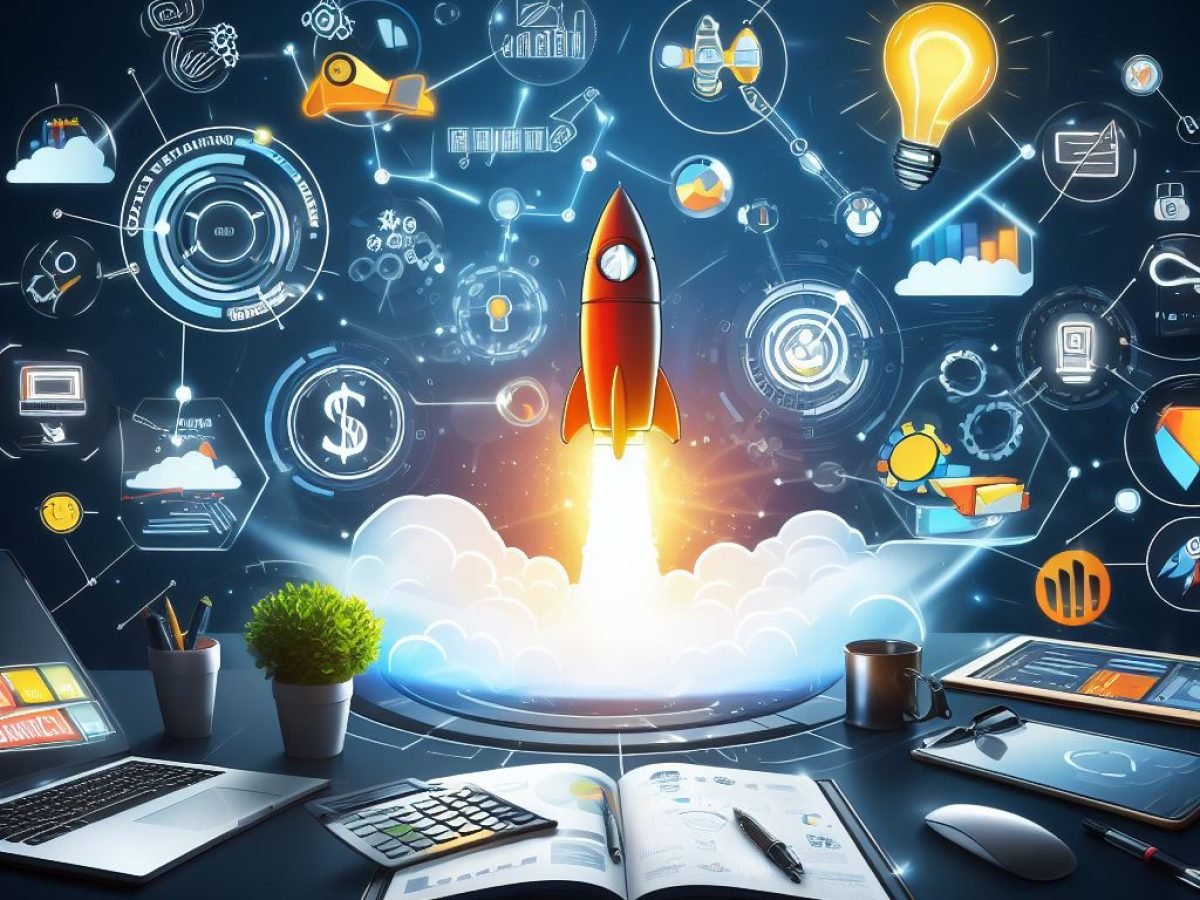 Rocketship blasting off with digital marketing