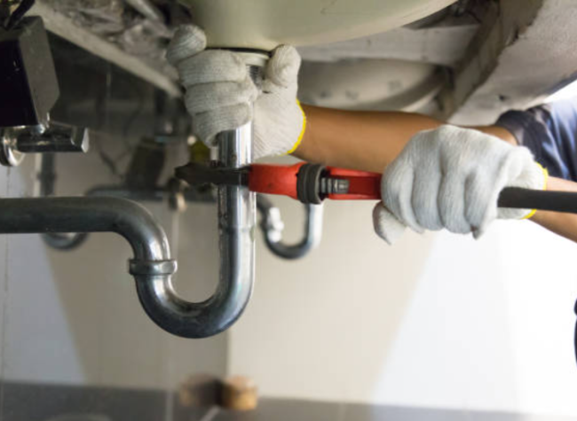 Plumber fixing a sink.